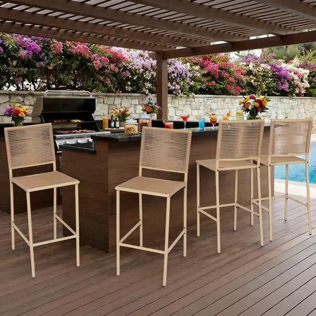 Alt view image 2 of 7 - VANBOW Counter Height Bar Stool Set of 4, 30" Patio Rattan Bar Stool Chairs with Metal Frame, Outdoor Armless Barstools for Porch Garden Indoor Kitchen, Yellow