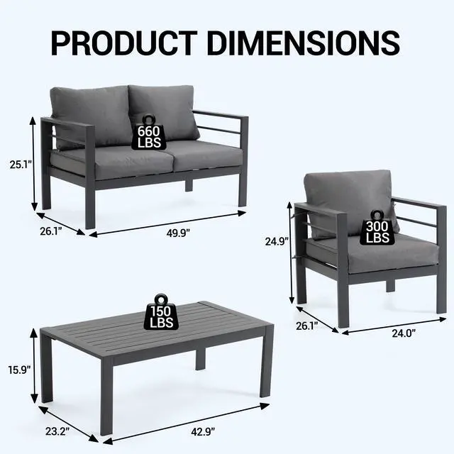 Alt view image 3 of 7 - VANBOW Outdoor Patio Furniture Set, 4-Piece Patio Conversation Set with Removable Washable Cushions & Coffee Table, All-Weather Patio Sofa Set for Garden, Balcony, Deck, Backyard - Grey