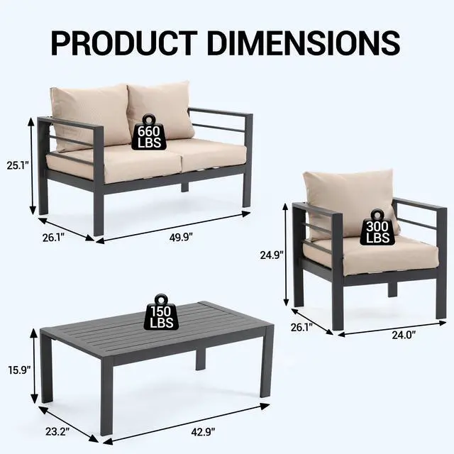 Alt view image 3 of 7 - VANBOW Outdoor Patio Furniture Set, 4-Piece Patio Conversation Set with Removable Washable Cushions & Coffee Table, All-Weather Patio Sofa Set for Garden, Balcony, Deck, Backyard - Beige
