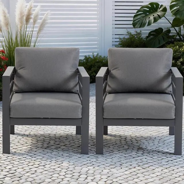 Main image of VANBOW Outdoor Patio Furniture, 2-Piece Patio Chairs Set with Removable Washable Cushions, Wide Armrests & All-Weather Metal Frame for Garden, Balcony, Backyard - Grey