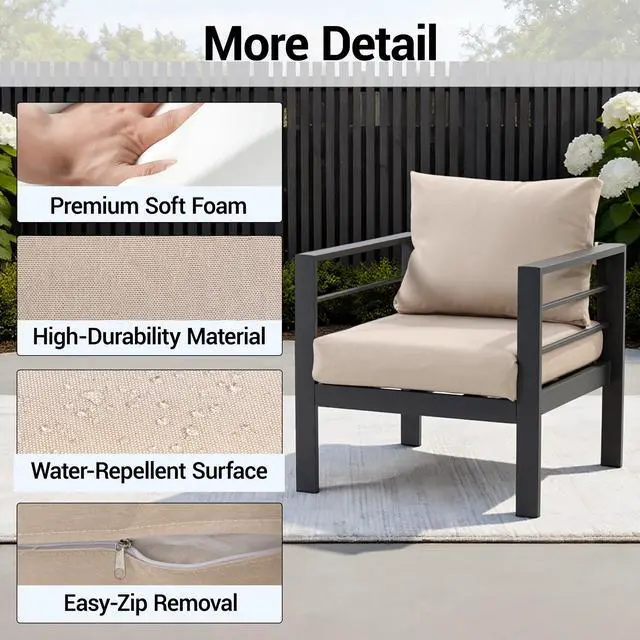 Alt view image 7 of 7 - VANBOW Outdoor Patio Furniture, 2-Piece Patio Chairs Set with Removable Washable Cushions, Wide Armrests & All-Weather Metal Frame for Garden, Balcony, Backyard - Beige