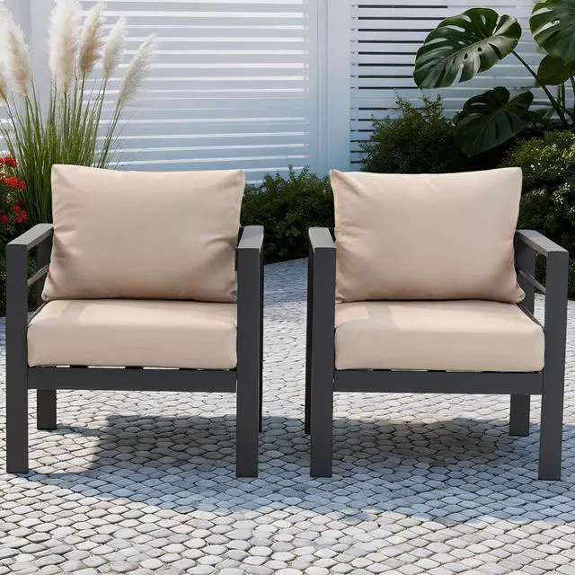 Main image of VANBOW Outdoor Patio Furniture, 2-Piece Patio Chairs Set with Removable Washable Cushions, Wide Armrests & All-Weather Metal Frame for Garden, Balcony, Backyard - Beige