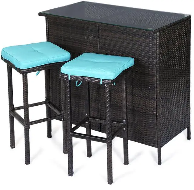 Alt view image 2 of 7 - VANBOW 3 Piece Patio Bar Set,Patio Wicker Bar Furniture with 2 Storage Shelves, Glass Top Table, Cushions and Two Stools,Outside Bars for Patio Entertainment, Blue