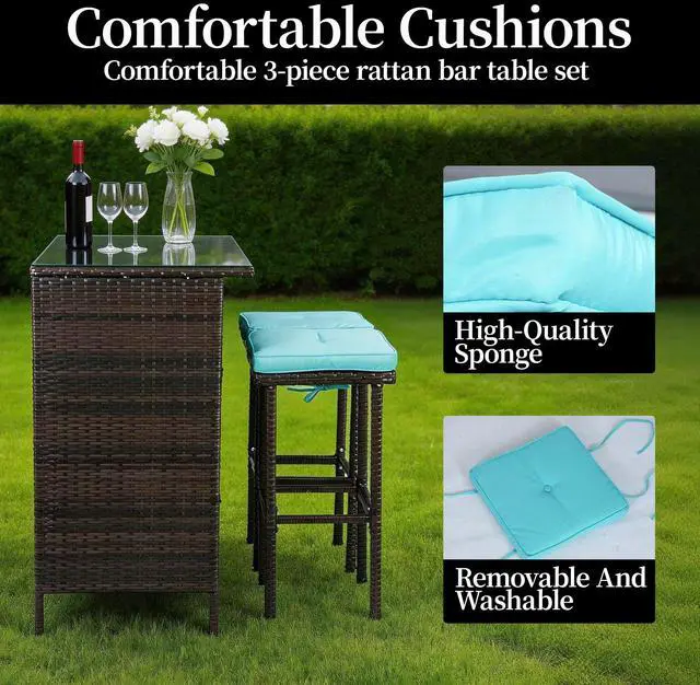 Alt view image 5 of 7 - VANBOW 3 Piece Patio Bar Set,Patio Wicker Bar Furniture with 2 Storage Shelves, Glass Top Table, Cushions and Two Stools,Outside Bars for Patio Entertainment, Blue