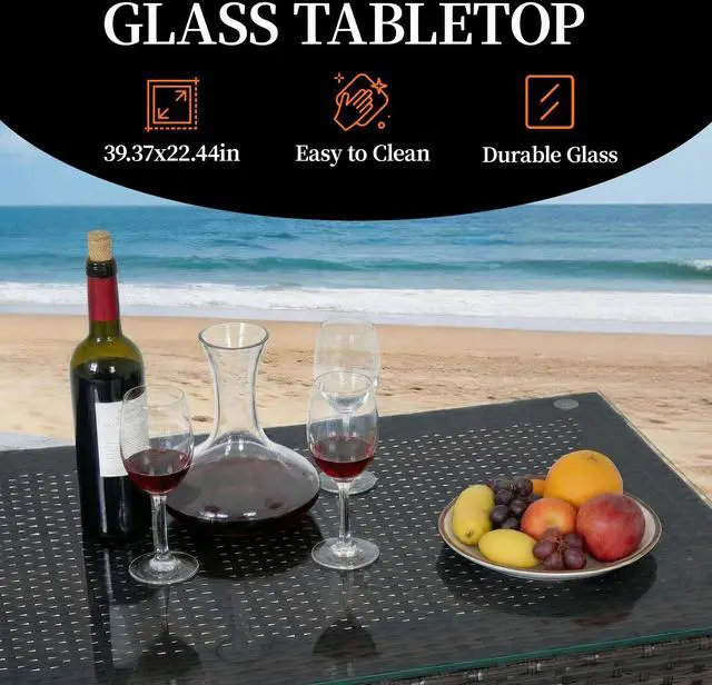 Alt view image 7 of 7 - VANBOW 3 Piece Patio Bar Set,Patio Wicker Bar Furniture with 2 Storage Shelves, Glass Top Table, Cushions and Two Stools,Outside Bars for Patio Entertainment, Blue