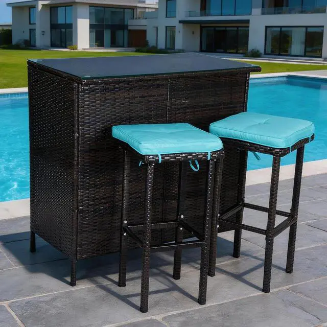 Main image of VANBOW 3 Piece Patio Bar Set,Patio Wicker Bar Furniture with 2 Storage Shelves, Glass Top Table, Cushions and Two Stools,Outside Bars for Patio Entertainment, Blue