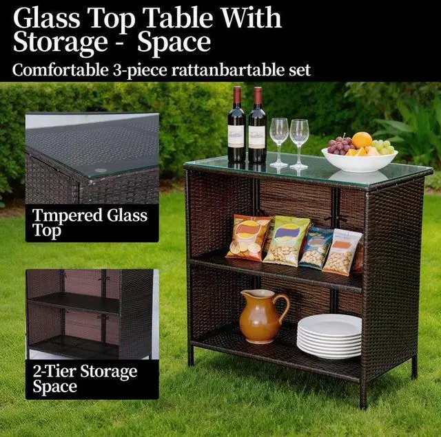 Alt view image 6 of 7 - VANBOW 3 Piece Patio Bar Set,Patio Wicker Bar Furniture with 2 Storage Shelves, Glass Top Table, Cushions and Two Stools,Outside Bars for Patio Entertainment, Blue