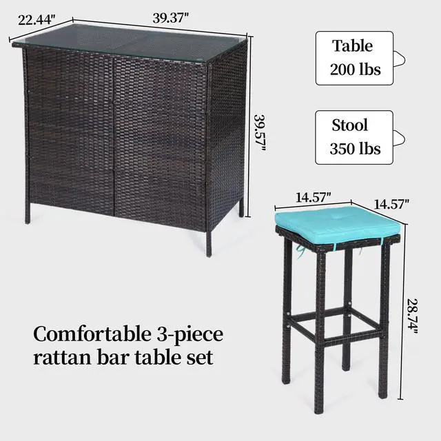 Alt view image 3 of 7 - VANBOW 3 Piece Patio Bar Set,Patio Wicker Bar Furniture with 2 Storage Shelves, Glass Top Table, Cushions and Two Stools,Outside Bars for Patio Entertainment, Blue