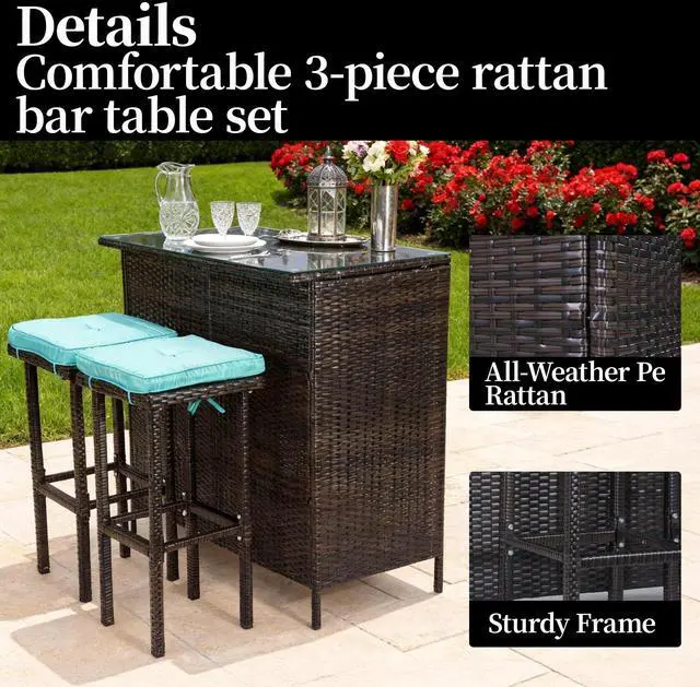 Alt view image 4 of 7 - VANBOW 3 Piece Patio Bar Set,Patio Wicker Bar Furniture with 2 Storage Shelves, Glass Top Table, Cushions and Two Stools,Outside Bars for Patio Entertainment, Blue