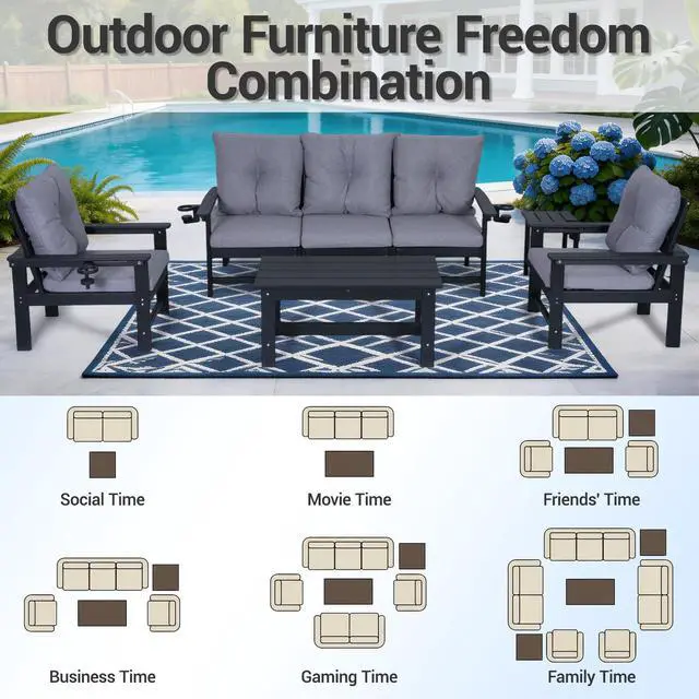 Alt view image 4 of 7 - VANBOW Outdoor Patio Furniture Set, 7 PCs HDPE All Weather Free Combination Outdoor Furniture, Patio Conversation Sets w/Cotton Sponge Cushions for Patio, Gaden, Yard Lawn Poolside -Black