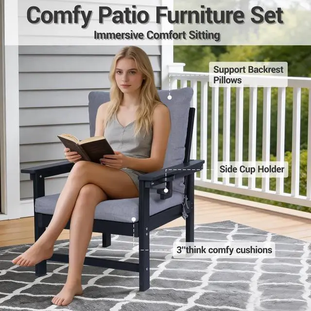 Alt view image 5 of 7 - VANBOW Outdoor Patio Furniture Set, 7 PCs HDPE All Weather Free Combination Outdoor Furniture, Patio Conversation Sets w/Cotton Sponge Cushions for Patio, Gaden, Yard Lawn Poolside -Black