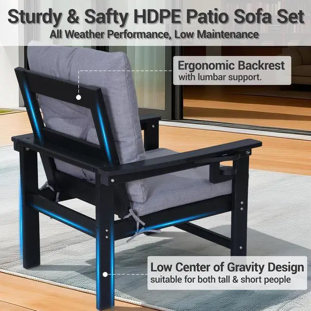 Alt view image 6 of 7 - VANBOW Outdoor Patio Furniture Set, 7 PCs HDPE All Weather Free Combination Outdoor Furniture, Patio Conversation Sets w/Cotton Sponge Cushions for Patio, Gaden, Yard Lawn Poolside -Black
