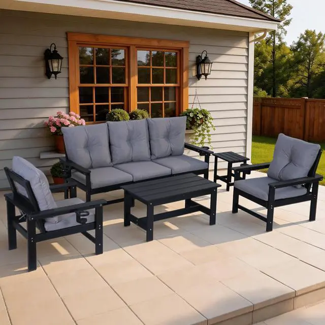 Main image of VANBOW Outdoor Patio Furniture Set, 7 PCs HDPE All Weather Free Combination Outdoor Furniture, Patio Conversation Sets w/Cotton Sponge Cushions for Patio, Gaden, Yard Lawn Poolside -Black