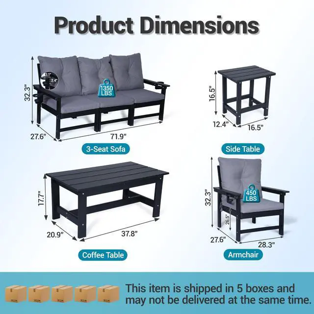 Alt view image 3 of 7 - VANBOW Outdoor Patio Furniture Set, 7 PCs HDPE All Weather Free Combination Outdoor Furniture, Patio Conversation Sets w/Cotton Sponge Cushions for Patio, Gaden, Yard Lawn Poolside -Black