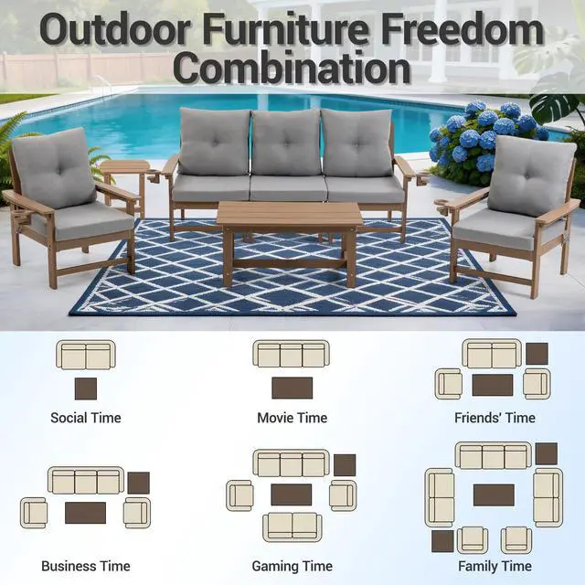 Alt view image 4 of 7 - VANBOW Outdoor Patio Furniture Set, 7 PCs All Weather Performance HDPE Patio Conversation Set w/Back and Seat Cushions, Free Combination Outdoor Furniture for Patio, Lawn, Poolside and Backyard Brown