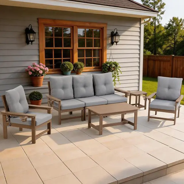 Main image of VANBOW Outdoor Patio Furniture Set, 7 PCs All Weather Performance HDPE Patio Conversation Set w/Back and Seat Cushions, Free Combination Outdoor Furniture for Patio, Lawn, Poolside and Backyard Brown