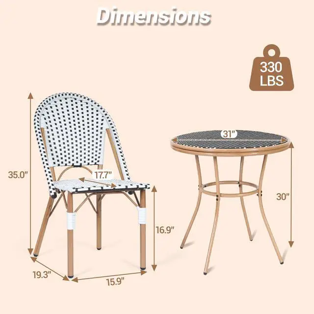 Alt view image 3 of 7 - VANBOW 3 Piece Patio Bistro Set, Outdoor Wicker Round Table and 2 Dining Chairs with Metal Frame, French Table Chair Set for Garden Balcony Porch, Blue/White
