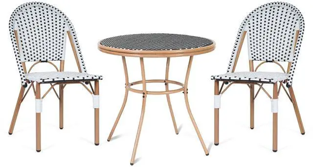 Alt view image 2 of 7 - VANBOW 3 Piece Patio Bistro Set, Outdoor Wicker Round Table and 2 Dining Chairs with Metal Frame, French Table Chair Set for Garden Balcony Porch, Blue/White
