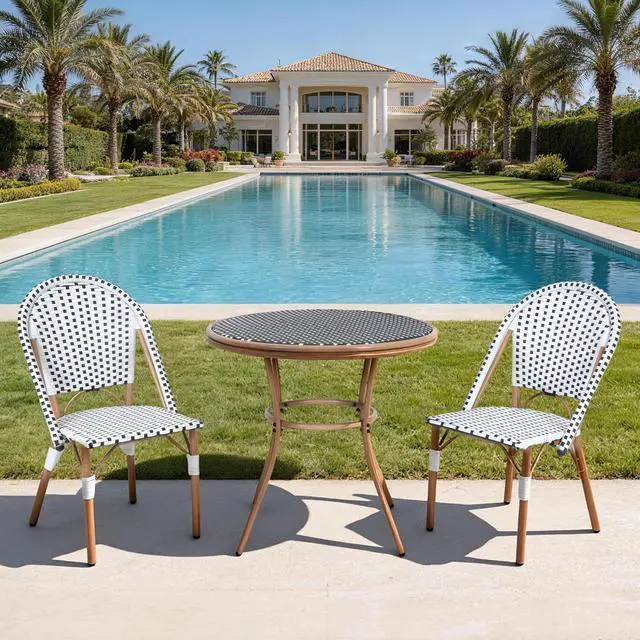 Main image of VANBOW 3 Piece Patio Bistro Set, Outdoor Wicker Round Table and 2 Dining Chairs with Metal Frame, French Table Chair Set for Garden Balcony Porch, Blue/White