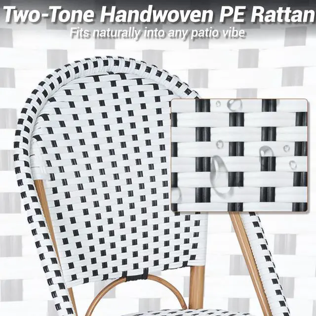 Alt view image 6 of 7 - VANBOW 3 Piece Patio Bistro Set, Outdoor Wicker Round Table and 2 Dining Chairs with Metal Frame, French Table Chair Set for Garden Balcony Porch, Blue/White