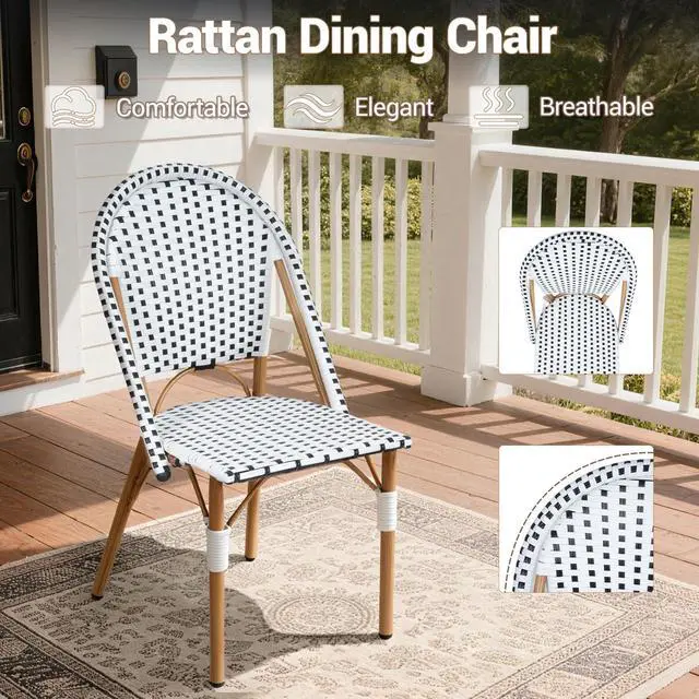 Alt view image 5 of 7 - VANBOW 3 Piece Patio Bistro Set, Outdoor Wicker Round Table and 2 Dining Chairs with Metal Frame, French Table Chair Set for Garden Balcony Porch, Blue/White
