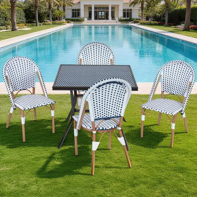 Main image of VANBOW 5 Piece French Bistro Table Chair Set, Outdoor Wicker Square Table and 4 Dining Chairs with Metal Frame, Outdoor Patio Set for Garden Balcony Porch, Blue/White