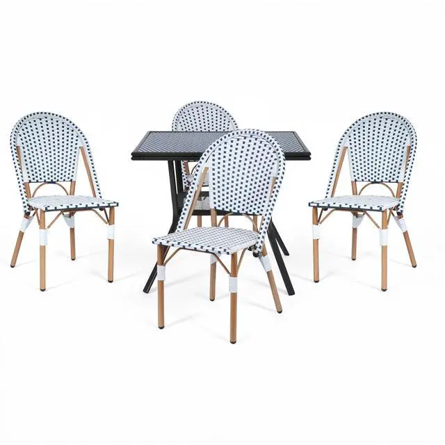 Alt view image 3 of 7 - VANBOW 5 Piece French Bistro Table Chair Set, Outdoor Wicker Square Table and 4 Dining Chairs with Metal Frame, Outdoor Patio Set for Garden Balcony Porch, Blue/White
