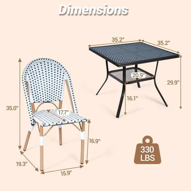 Alt view image 2 of 7 - VANBOW 5 Piece French Bistro Table Chair Set, Outdoor Wicker Square Table and 4 Dining Chairs with Metal Frame, Outdoor Patio Set for Garden Balcony Porch, Blue/White