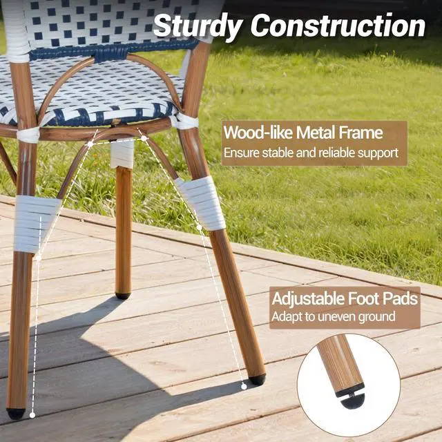 Alt view image 4 of 7 - VANBOW 5 Piece French Bistro Table Chair Set, Outdoor Wicker Square Table and 4 Dining Chairs with Metal Frame, Outdoor Patio Set for Garden Balcony Porch, Blue/White