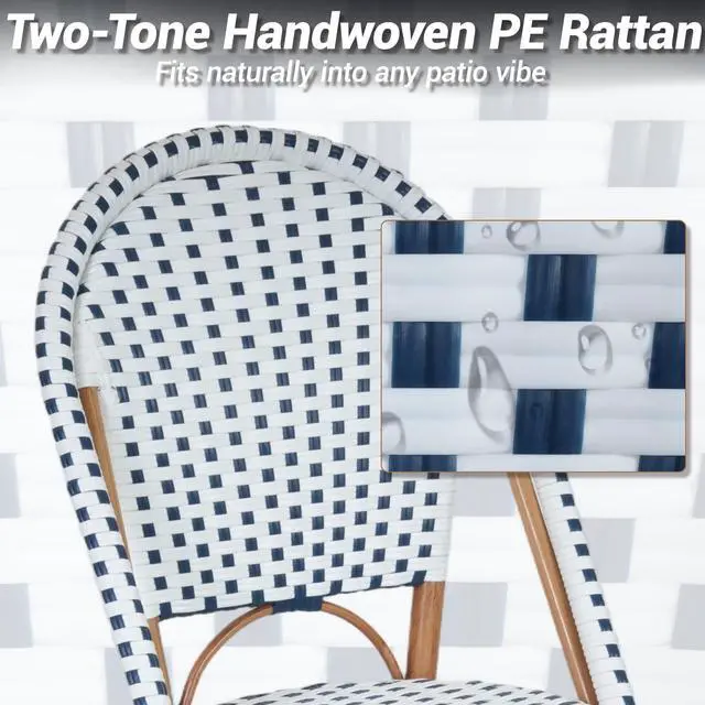 Alt view image 6 of 7 - VANBOW 5 Piece French Bistro Table Chair Set, Outdoor Wicker Square Table and 4 Dining Chairs with Metal Frame, Outdoor Patio Set for Garden Balcony Porch, Blue/White