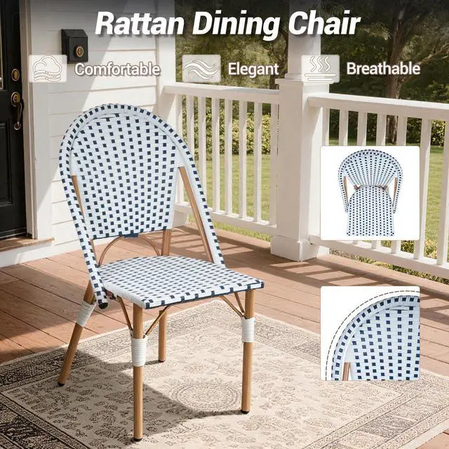 Alt view image 5 of 7 - VANBOW 5 Piece French Bistro Table Chair Set, Outdoor Wicker Square Table and 4 Dining Chairs with Metal Frame, Outdoor Patio Set for Garden Balcony Porch, Blue/White