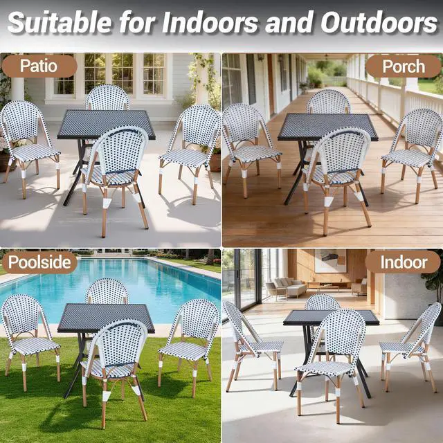 Alt view image 7 of 7 - VANBOW 5 Piece French Bistro Table Chair Set, Outdoor Wicker Square Table and 4 Dining Chairs with Metal Frame, Outdoor Patio Set for Garden Balcony Porch, Blue/White