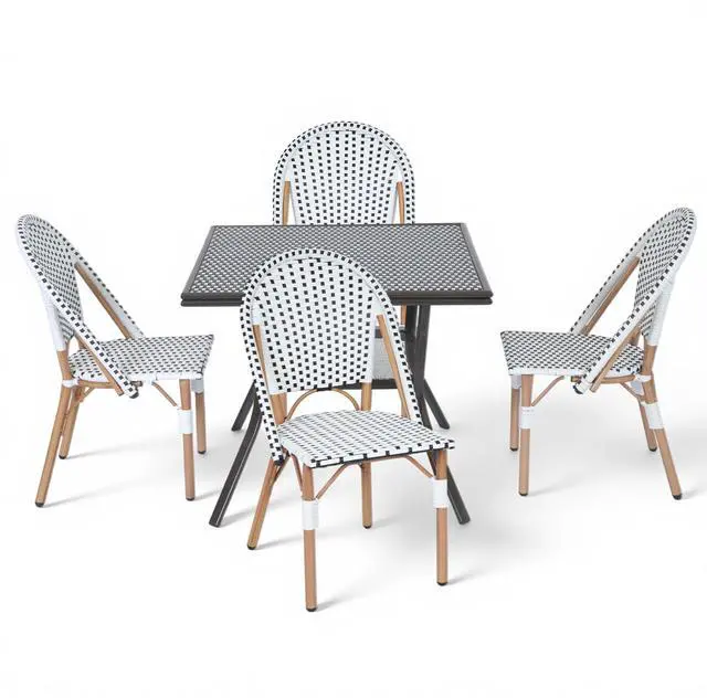 Alt view image 2 of 7 - VANBOW 5 Piece French Bistro Table Chair Set, Outdoor Wicker Square Table and 4 Dining Chairs with Metal Frame, Outdoor Patio Set for Garden Balcony Porch, Black/White