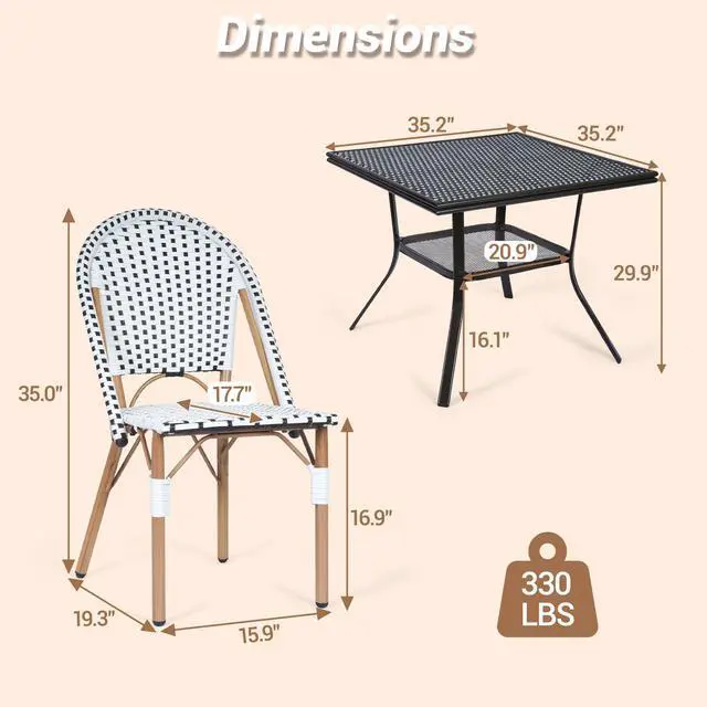 Alt view image 3 of 7 - VANBOW 5 Piece French Bistro Table Chair Set, Outdoor Wicker Square Table and 4 Dining Chairs with Metal Frame, Outdoor Patio Set for Garden Balcony Porch, Black/White