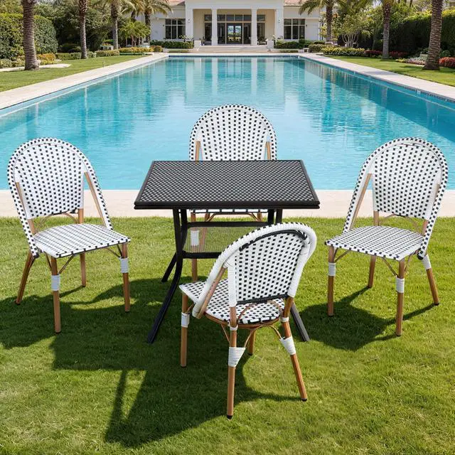 Main image of VANBOW 5 Piece French Bistro Table Chair Set, Outdoor Wicker Square Table and 4 Dining Chairs with Metal Frame, Outdoor Patio Set for Garden Balcony Porch, Black/White