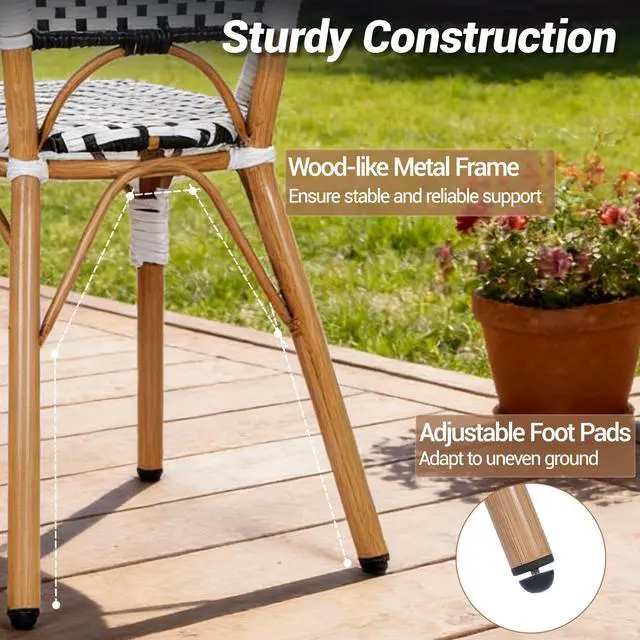 Alt view image 4 of 7 - VANBOW 5 Piece French Bistro Table Chair Set, Outdoor Wicker Square Table and 4 Dining Chairs with Metal Frame, Outdoor Patio Set for Garden Balcony Porch, Black/White