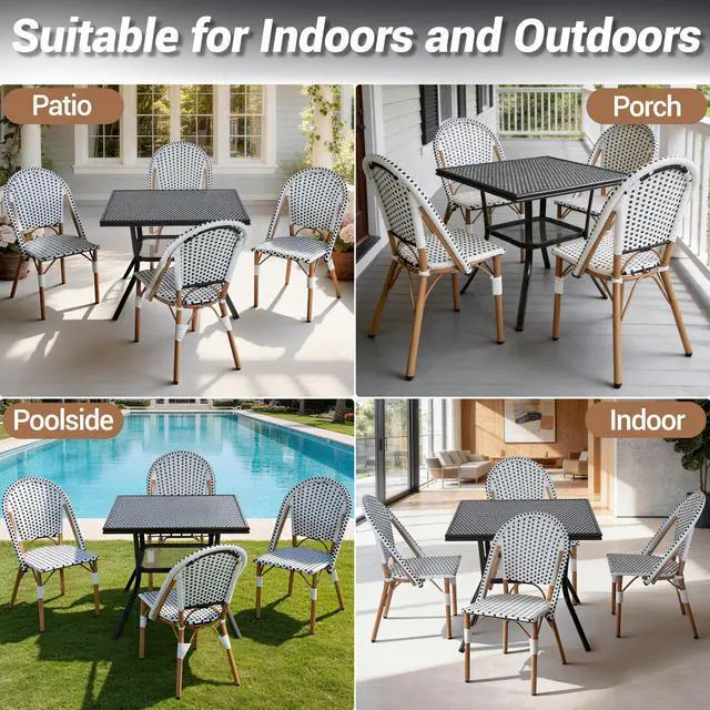 Alt view image 7 of 7 - VANBOW 5 Piece French Bistro Table Chair Set, Outdoor Wicker Square Table and 4 Dining Chairs with Metal Frame, Outdoor Patio Set for Garden Balcony Porch, Black/White