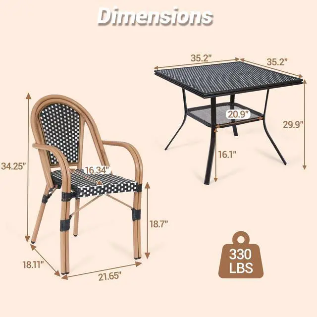 Alt view image 3 of 7 - VANBOW 5 Piece Patio Bistro Set, Outdoor Wicker Square Table and 4 Dining Chairs with Metal Frame, French Table Chair Set for Garden Balcony Porch, Black/White