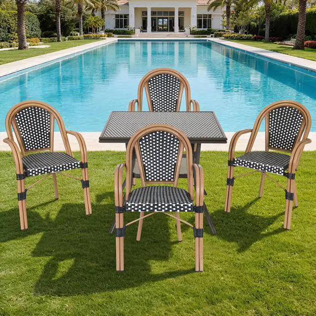 Main image of VANBOW 5 Piece Patio Bistro Set, Outdoor Wicker Square Table and 4 Dining Chairs with Metal Frame, French Table Chair Set for Garden Balcony Porch, Black/White