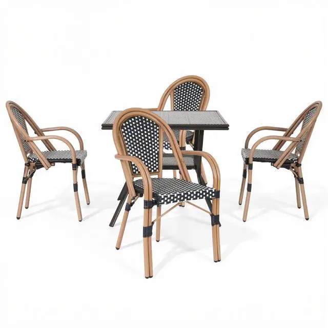 Alt view image 2 of 7 - VANBOW 5 Piece Patio Bistro Set, Outdoor Wicker Square Table and 4 Dining Chairs with Metal Frame, French Table Chair Set for Garden Balcony Porch, Black/White