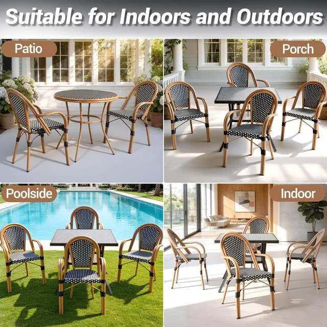 Alt view image 7 of 7 - VANBOW 5 Piece Patio Bistro Set, Outdoor Wicker Square Table and 4 Dining Chairs with Metal Frame, French Table Chair Set for Garden Balcony Porch, Black/White