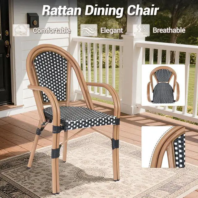 Alt view image 5 of 7 - VANBOW 5 Piece Patio Bistro Set, Outdoor Wicker Square Table and 4 Dining Chairs with Metal Frame, French Table Chair Set for Garden Balcony Porch, Black/White