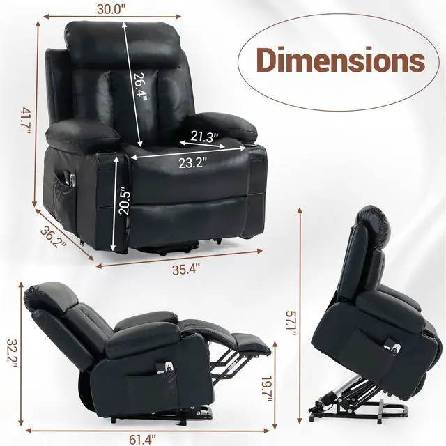 Alt view image 2 of 7 - VANBOW Power Lift Recliner Chair for Elderly, Electric Oversized PU Leather Single Sofa with Vibration Massage and Heat, Cup Holder and USB Charge Port for Living Room, Black