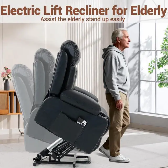 Alt view image 4 of 7 - VANBOW Power Lift Recliner Chair for Elderly, Electric Oversized PU Leather Single Sofa with Vibration Massage and Heat, Cup Holder and USB Charge Port for Living Room, Black
