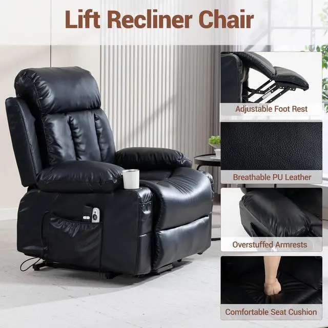 Alt view image 6 of 7 - VANBOW Power Lift Recliner Chair for Elderly, Electric Oversized PU Leather Single Sofa with Vibration Massage and Heat, Cup Holder and USB Charge Port for Living Room, Black