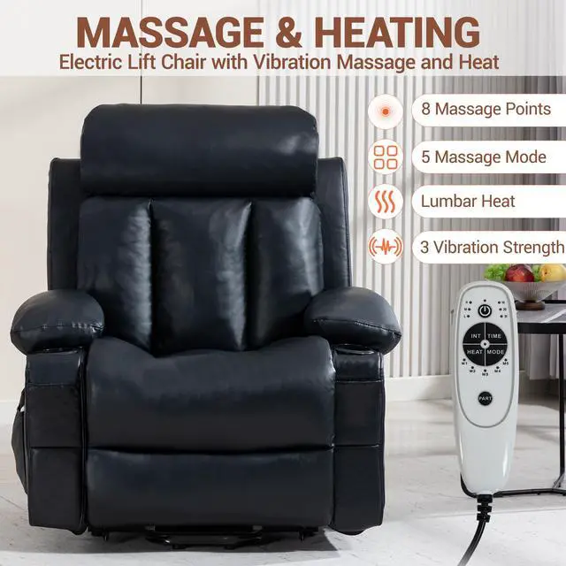 Alt view image 7 of 7 - VANBOW Power Lift Recliner Chair for Elderly, Electric Oversized PU Leather Single Sofa with Vibration Massage and Heat, Cup Holder and USB Charge Port for Living Room, Black