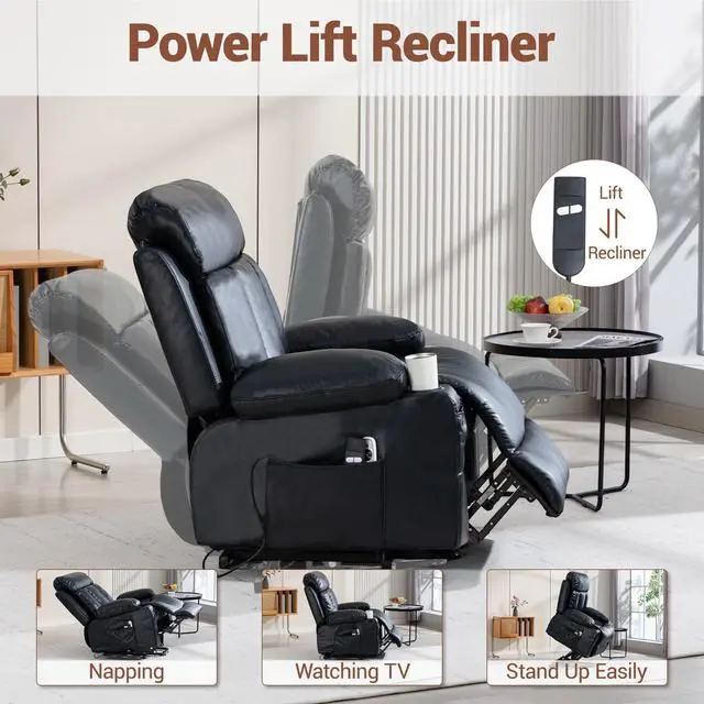 Alt view image 3 of 7 - VANBOW Power Lift Recliner Chair for Elderly, Electric Oversized PU Leather Single Sofa with Vibration Massage and Heat, Cup Holder and USB Charge Port for Living Room, Black