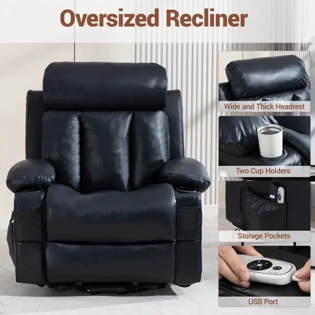 Alt view image 5 of 7 - VANBOW Power Lift Recliner Chair for Elderly, Electric Oversized PU Leather Single Sofa with Vibration Massage and Heat, Cup Holder and USB Charge Port for Living Room, Black