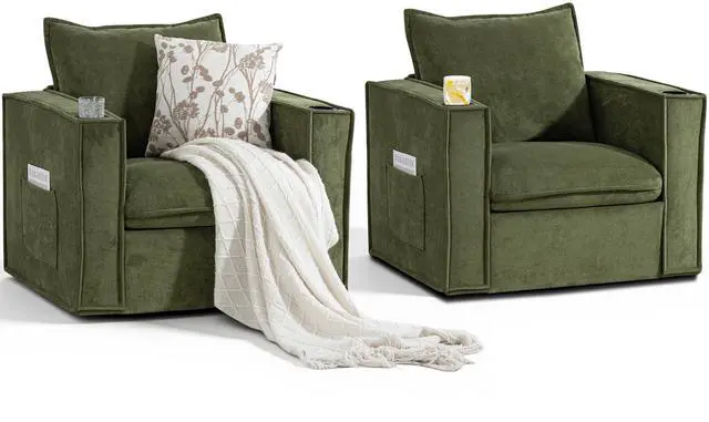 Alt view image 2 of 7 - VANBOW 32 Inches Wide Swivel Accent Chair with Cup Holders Set of 2, Comfy Couch with Side Pockets, Modern Sofa Chair for Living Room, Bedroom, Corner, Green