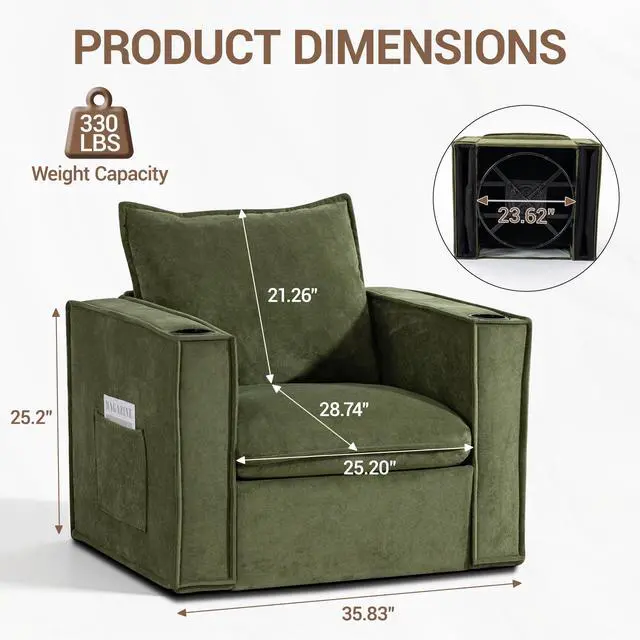 Alt view image 3 of 7 - VANBOW 32 Inches Wide Swivel Accent Chair with Cup Holders, Comfy Couch with Side Pockets, Modern Sofa Chair for Living Room, Bedroom, Corner, Green